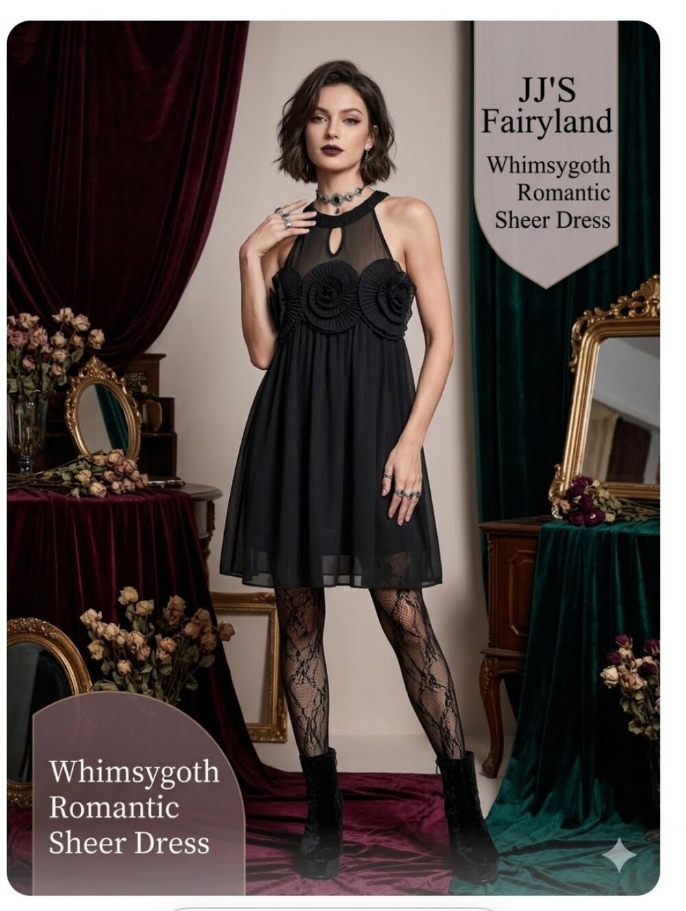 JJ'S Fairyland Black Sheer Rosette Whimsygoth Whimsical Romantic Goth Mini Dress